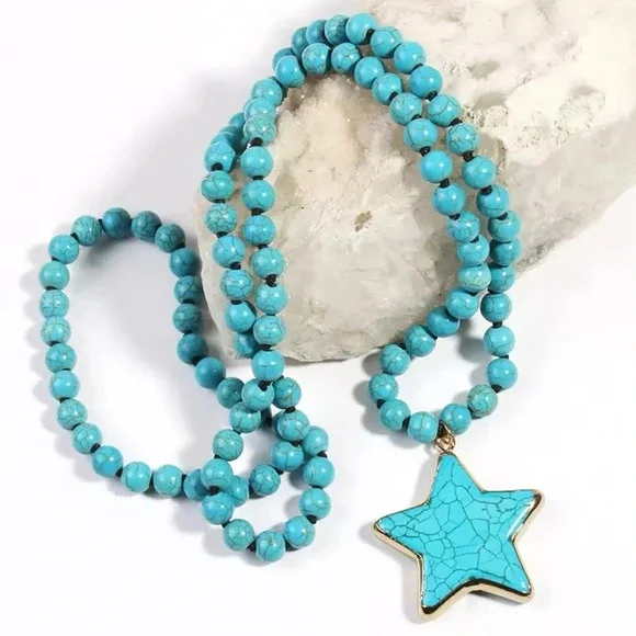 Turquoise Star Natural Stone Beads Bohemian Western Necklace - Picture 1 of 10